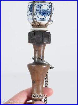 Interesting Antique Chinese / Asian Wood Handle with Blue & White Porcelain Cap