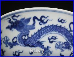 Kangxi Old Signed Antique Chinese Blue & White Porcelain Bowl with dragon