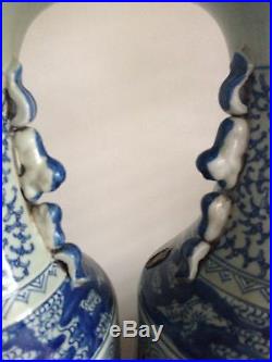 LGE PAIR Old Chinese Blue White Porcelain Baluster Mirror Vases Double Happiness