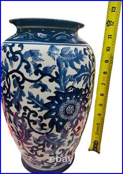 Large 12 Vintage Blue And White Floral Design Porcelain Chinese Vase