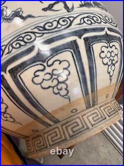 Large Antique Chinese Blue and White Dragon Porcelain Vase. Yuan Period
