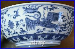 Large Antique Chinese Blue and White Porcelain Bowl. Phoenix Signed Ming