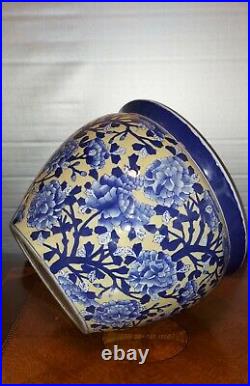 Large Antique Chinese Porcelain Planter Jardiniere Fish Bowl Blue White Peonies