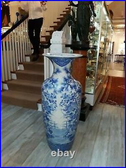 Large Antique Japanese Blue and White Porcelain Palace Vase With Hawks 1800's