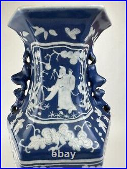 Large Antique Pair of Chinese Blue and White Porcelain Vases Man Flower Horse