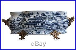 Large Blue and White Blue Willow Porcelain Foot Bath Basin Brass Ormolu Accents
