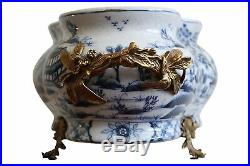 Large Blue and White Blue Willow Porcelain Foot Bath Basin Brass Ormolu Accents