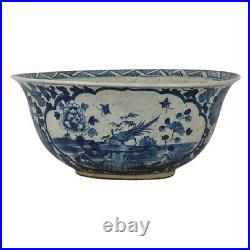Large Blue and White Porcelain Floral Bird Motif Bowl 15.5 Diameter