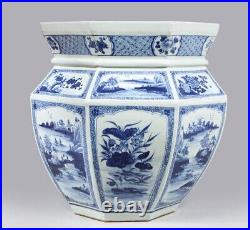 Large Chinese Blue and White Octagonal Planter with Intricate Scenes