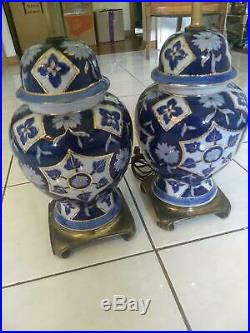 MID Century Blue & White Porcelain Ginger Jar Oriental Lamps Pair Chinese 30