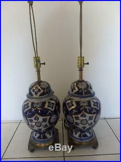 MID Century Blue & White Porcelain Ginger Jar Oriental Lamps Pair Chinese 30