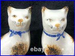 Matched Pair Antique Staffordshire Cat 7 Figurines Blue Pillow Bow White Brown