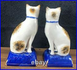 Matched Pair Antique Staffordshire Cat 7 Figurines Blue Pillow Bow White Brown