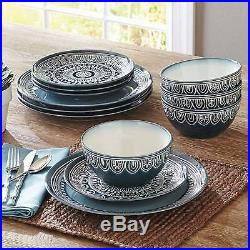 Modern 12-24 Piece Dinnerware Set For 4-8 Plates Bowls Teal Medallion Blue White