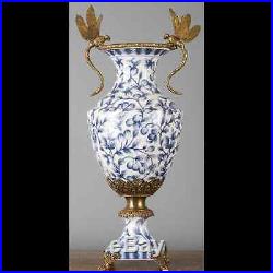 NEW PORCELAIN AND BRONZE ORMOLU BLUE AND WHITE VASE with figural dragonflies