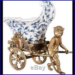 NEW blue and white PORCELAIN PLANTER with bronze MONKEY PULLING CART