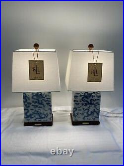 NWT Pair/2 RALPH LAUREN Porcelain CHINOISERIE Dragon LAMPS + SHADES Blue White