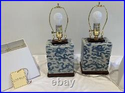 NWT Pair/2 RALPH LAUREN Porcelain CHINOISERIE Dragon LAMPS + SHADES Blue White