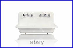 New 36 High Back Farm Cast Iron Double Faucet Wall Mount Sink 3.5 Drain White
