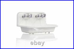 New 36 High Back Farm Cast Iron Double Faucet Wall Mount Sink 3.5 Drain White
