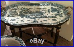 New Blue & White Porcelain Blue Willow Tray Table On Blk Gld Wood Stand