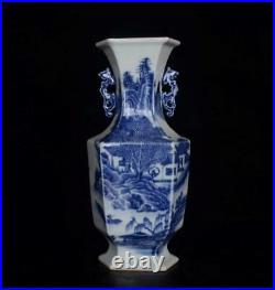 Old Chinese Blue And White Porcelain Landscape Vase Qianlong Marked St93