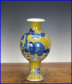 Old Chinese Qing Kangxi MK Blue and White Yellow Ground Figures Porcelain Vase