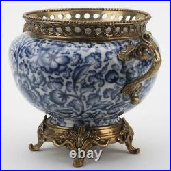 Oriental Blue And White Floral Porcelain Planter Bronze Ormolu Flower Pot