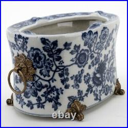 Oriental Blue White Floral Porcelain Planter Oval Flower Pot Bronze Accents 12W