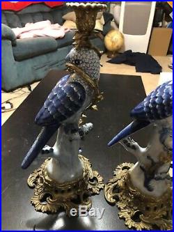 Oriental Bronze Ormolu Blue White Parrot Birds Porcelain Candle Holders Pair