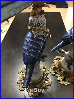 Oriental Bronze Ormolu Blue White Parrot Birds Porcelain Candle Holders Pair