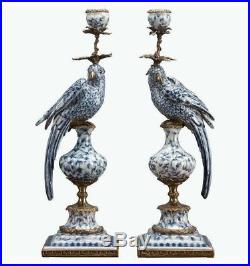 Oriental Bronze Ormolu Blue White Parrot Birds Porcelain Candle Holders Set/2