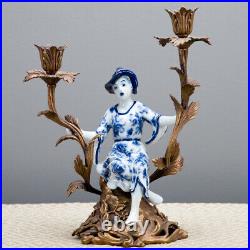 Oriental Chinoiserie Candlestick Candle Holder Porcelain Ormolu Blue Girl White