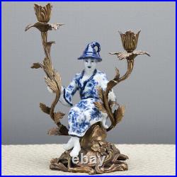 Oriental Chinoiserie Candlestick Candle Holder Porcelain Ormolu Boy Blue White
