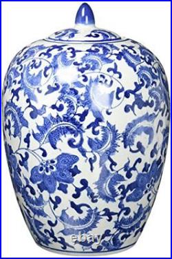 Oriental Furniture 11 Floral Blue & White Porcelain Vase Jar