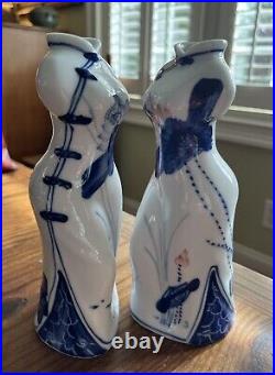 PAIR Chinese Porcelain Lady Exquisite Cheongsam Vase Blue/ White Dress