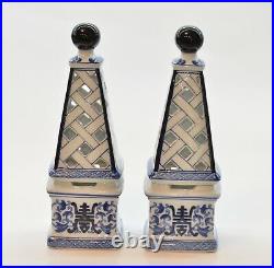 PAIR Vintage Porcelain Cobalt Blue and White Chinese Candle Holder BOMBAY China