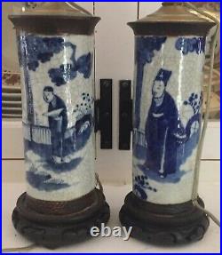 Pair 19th c. Antique Chinese Blue & White Porcelain Vases as Lamps Export