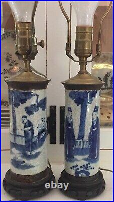 Pair 19th c. Antique Chinese Blue & White Porcelain Vases as Lamps Export