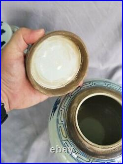 Pair 9.25 Blue & White Ginger Jars Chinese Pheasant Bird Motif Porcelain