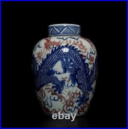 Pair Antique Chinese Blue & White Porcelain Lid Pot with dragon