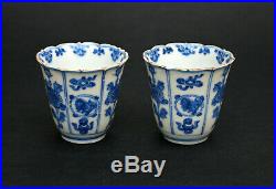 Pair Antique Chinese Blue & White Porcelain Tea Bowls Wine Cups Kangxi