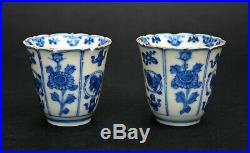 Pair Antique Chinese Blue & White Porcelain Tea Bowls Wine Cups Kangxi