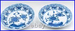 Pair Chinese Blue & White Saucers Bird Porcelain Marks Period Kangxi (1662-1722)