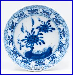 Pair Chinese Blue & White Saucers Bird Porcelain Marks Period Kangxi (1662-1722)