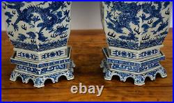 Pair Large Chinese Qing Qianlong Blue White Dragon 6 Side Porcelain Flower Pot
