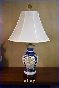Pair Of 28 Chinese Blue & White Porcelain Vase Lamp Pierced Carved/reticulated