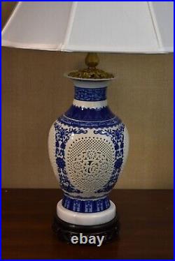 Pair Of 28 Chinese Blue & White Porcelain Vase Lamp Pierced Carved/reticulated
