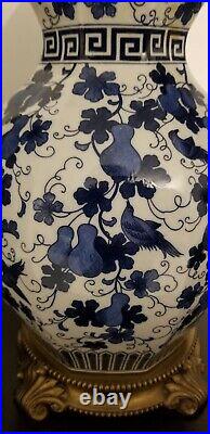 Pair Of Blue And White Porcelain Lamps with Birds H 34