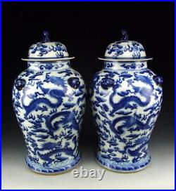 Pair Of China Antique Blue&white Porcelain Lidded Jars Dragon